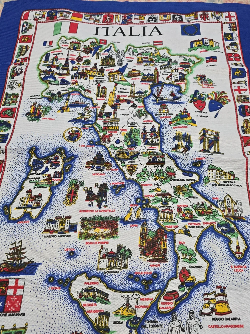 Italia Map Decorative Tea Towel - Blue Border